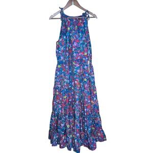 Summersalt Tiered Maxi Dress Floral High Neck Halter Blue Pink Large NWT